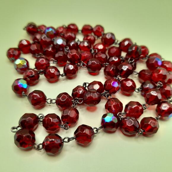 Vintage Czech Red Fire Polished Bead Necklace 42” Wire Wrapped No Clasp Jewelry - Picture 1 of 9